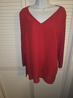 MK Michael Kors New Large Red V-Neck Long Sleeve Mixed Media Blouse Top